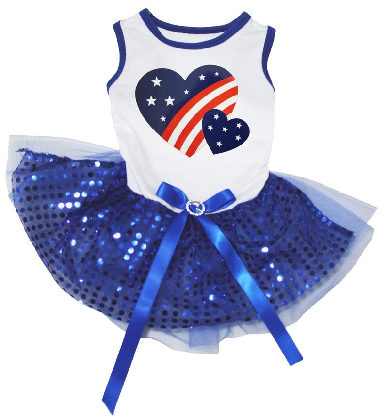 Petitebella USA Twins Heart Puppy Dog Dress (White/Blue Sequins, Large)